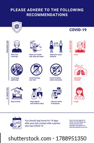 Modern COVID-19 recommendations about prevention, symptoms and what to do if infected. Infographics template for poster, stand, banner, letter or flyer