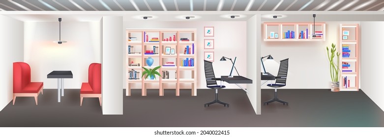 Modern Coworking Area Office Interior Empty No People Open Space Cabinet Room With Furniture