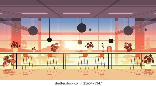 Modern Coworking Area Office Interior Empty No People Open Space Cabinet Room With Furniture Sunset Background