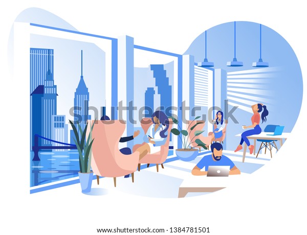 Modern Coworking Office Flat Banner Employees Stock Vector