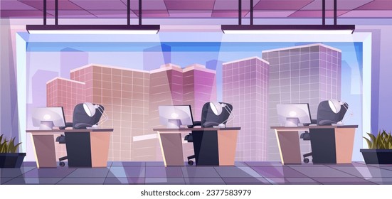 Modern co-working office interior. Large panoramic window with city skyscraper view. Desk and table with computer and armchair. Cute cartoon design. Employee and colleague concept. Vector illustration