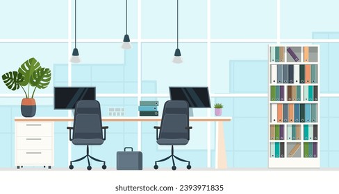 Modern coworking office interior. Large panoramic window with city skyscraper view. Desk with laptops, armchair, bookshelf. Cute cartoon design. Employee and colleague concept. Vector illustration