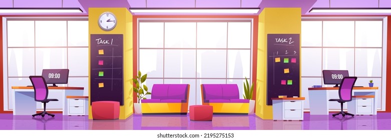 Modern coworking office interior with tables with desktop computers, chairs and lounge area with comfortable sofas and plants. Vector cartoon illustration of open space workplace