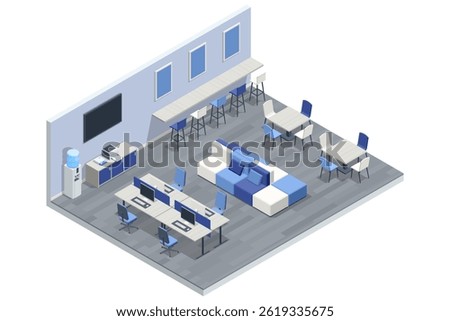 Modern coworking office interior with workstations, meeting tables, and lounge area. Isometric vector illustration.