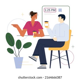 Modern coworking and office space. Group of business people of color, diverse corporate culture. Team communication and collaboration, community building. Flat vector illustration