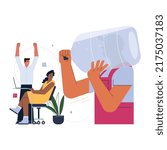 Modern coworking and office space routine. Office water bottled water delivery. Group of business people of color, diverse corporate culture. Team and community building. Flat vector illustration
