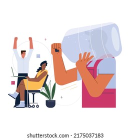 Modern coworking and office space routine. Office water bottled water delivery. Group of business people of color, diverse corporate culture. Team and community building. Flat vector illustration