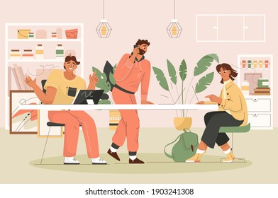Modern coworking office with working employees. Freelancers with laptops, making call for consulting client. Workshop studio, shared working environment. Vector character illustration of teamwork