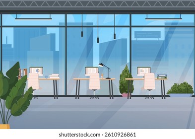 Modern coworking space featuring desks, computers, chairs, panoramic window, natural light and plants, creating an inviting and serene workspace atmosphere. Office interior. Vector Not AI generated