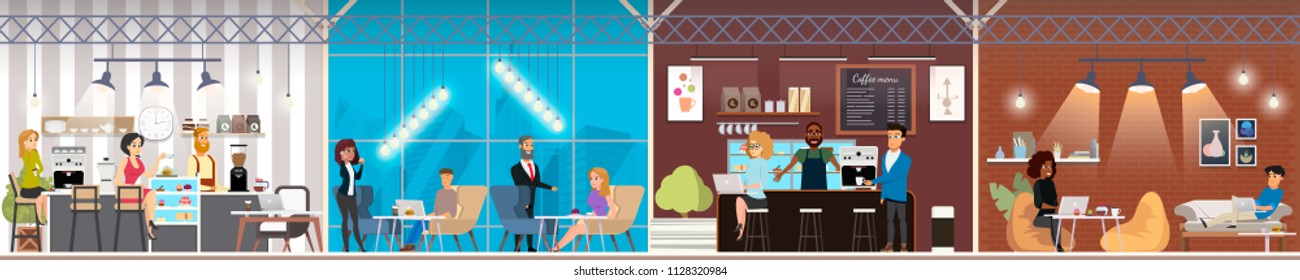 Modern Coworking Space with Multinational People Working Together in Comfortable Areas, Communicating at Meeting Room, Resting Cafe or Coffee Shop During Work Day Vector Illustration in Flat Style