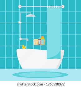 Moderna y acogedora sala de baño interior. Casa o habitación de hotel con muebles de baño, pato infantil, baño, cortina, ducha, pared de cerámica. Ilustración vectorial de dibujos animados de diseño plano.