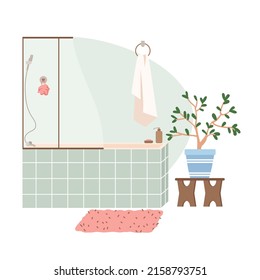 Modern cozy bathroom interior. Bathtub with shower and towel, hygiene room, bath accessories and furniture, relaxing spa process, comfortable washroom vector illustration