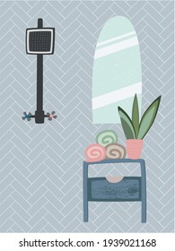 Modern cozy bathroom interior concept with cosmetics and house plant. Stylish design vector illustration. Bathroom with furniture.