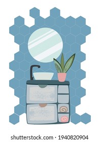 Modern cozy bathroom interior concept with cosmetics and house plant. Stylish design vector illustration