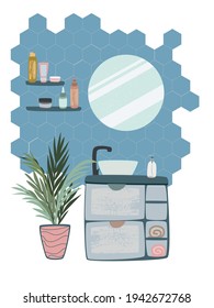 Modern cozy bathroom interior concept with cosmetics and house plant. Stylish design vector illustration