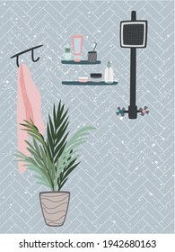 Modern cozy bathroom interior concept with cosmetics and house plant. Stylish design vector illustration. Bathroom with furniture