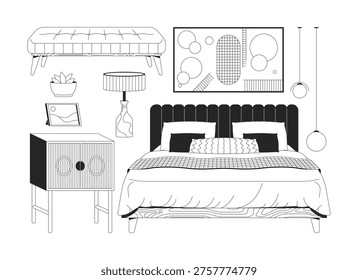 Modern cozy bedroom interior 2D line objects set. Eclectic upholstered bed, bedding, hanging lamps, cabinet isolated cliparts vector ink outline items. Monochrome spot illustrations collection
