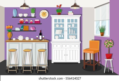 Modern cozy graphic dining room interior design with cupboard, table, chairs, dishes and window. Flat style vector illustration.