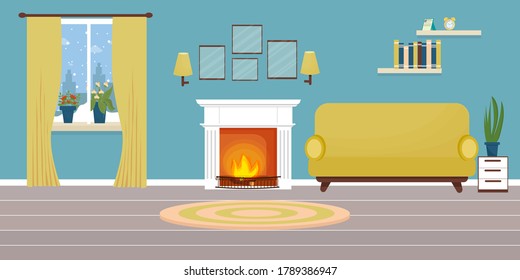 Modern cozy interior of living room with fireplace, sofa, window. Winter time, warm empty room stock vector illustration