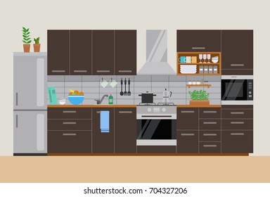 Modern cozy kitchen interior in dark brown, flat style, vector graphic design template