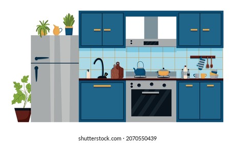 Modern cozy kitchen interior design in blue color with furniture and appliances isolated on white. Refrigerator and stove, shelves with plants. Flat vector illustration