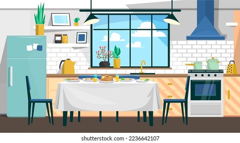 Modern cozy kitchen interior design in white color. Living space architecture: furniture, stove, cooking appliance, refrigerator, table. A window behind a countertop. Cartoon style vector illustration