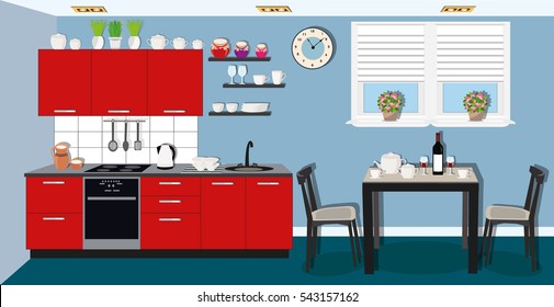 Moderno y acogedor diseño interior de cocina con estufa, armario y platos. Comedor con mesa, sillas y ventana. Ilustración vectorial de estilo plano.