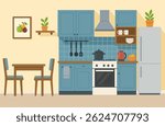 Modern cozy kitchen interior with dining area, kitchen equipment, oven, refrigerator, flat style, vector graphic design template