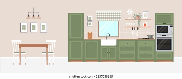 Modern cozy kitchen interior with dining area in a flat style. Kitchen with window and furniture, cooking appliances, utensils, decoration, flowers and plants. Vector graphic design template.