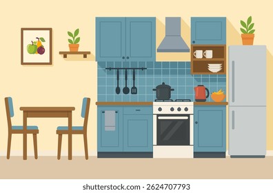 Interior de cozinha acolhedor moderno com área de jantar, equipamento de cozinha, forno, refrigerador, estilo plano, modelo de design gráfico vetorial