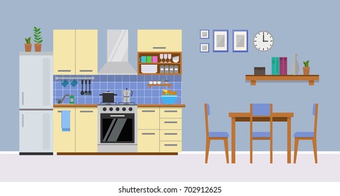 Modern cozy kitchen interior with dining area, flat style, vector graphic design template