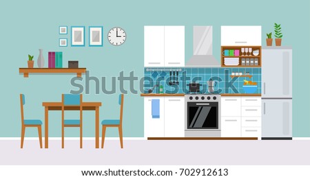 Modern cozy kitchen interior with dining area, flat style, vector graphic design template