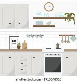 Modern cozy kitchen interior, flat style, vector graphic design template 