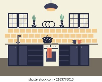 Modernes, gemütliches Kücheninnere im Stil eines Vektorgrafik-Designs