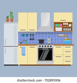 Modern cozy kitchen interior, flat style, vector graphic design template 