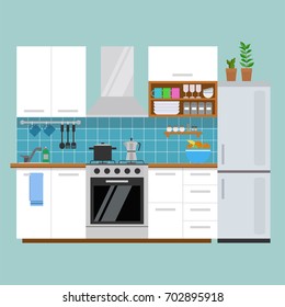 Modern cozy kitchen interior, flat style, vector graphic design template 