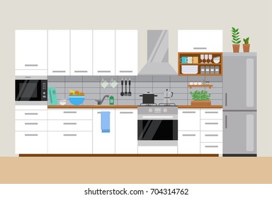 Modern cozy kitchen interior, flat style, vector graphic design template