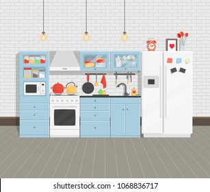 Modern cozy kitchen interior with fridge,  kitchen stove, cupboard dishes. Vector illustration flat cartoon style.