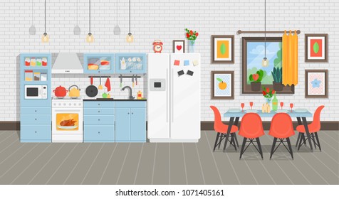 Modern cozy kitchen interior with table, fridge,  kitchen stove, cupboard dishes. Vector illustration flat cartoon style.