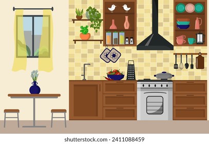 Modern cozy kitchen interior. Table and stools against the background of a window. Kitchen utensils, refrigerator and wall cabinets, stove, spices in jars. Vector flat illustration. For advertising
