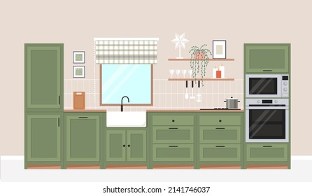 Modern cozy kitchen interior vector graphic design template. Dining room with cooking appliances, utensils, decoration, flowers and plants. Kitchen modern design with window in a flat style