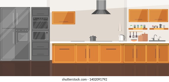 Modern cozy kitchen room interior flat vector illustration. Home cooking appliances. Wooden furniture design drawing. Silver grey technical equipment. Fridge, stove, microwave, oven, sink