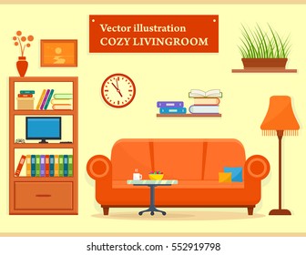 modern cozy living room interior with sofa and furniture. room furnishing interior illustration.