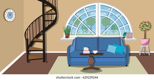 Modern cozy living room interior design with stairs to the second floor. Stylish furniture - sofa, table and large wide window. Flat style vector illustration.