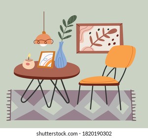 Modern  cozy living rooms or apartments furnished in trendy Scandinavian hygge style.Lliving room interior - sofa, armchair, coffee table, plants in pots, lamp, home decorations.