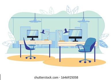 Modern Cozy Office Workplace Interior Background with Elegant Desks and Big Glass Panoramic Windows. City Skyline View from Workspace Equipped with Computers. Flat Cartoon Vector Illustration.