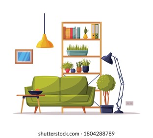 Modern Cozy Room Interior Design, Bookcase, Sofa Comfy Furniture and Home Decoration Accessories Vector Illustration on White Background