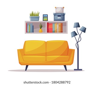 Modern Cozy Room Interior Design, Sofa, Bookshelf and Lamp Comfy Furniture Vector Illustration Isolated on White Background