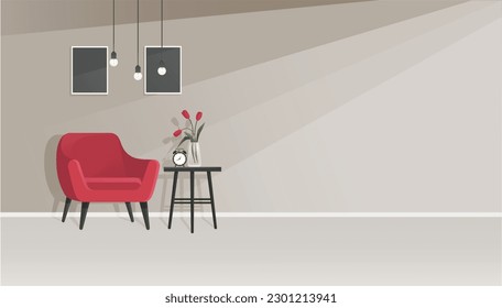 Modern cozy and stylish apartment element furniture and decor items for office decoration. Living room interior with armchair, tulips in vase and alarm on coffee table, picture on gray wall