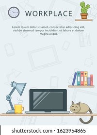 Modern cozy workplace background with laptop, lamp, coffee and cat. Vector minimalistic creative style for design
